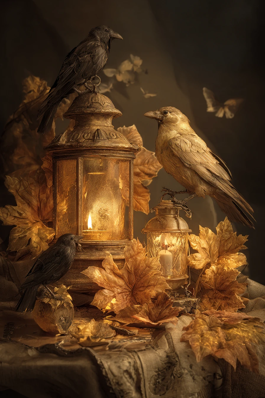 Charming autumn scarecrow with glowing pumpkin lantern