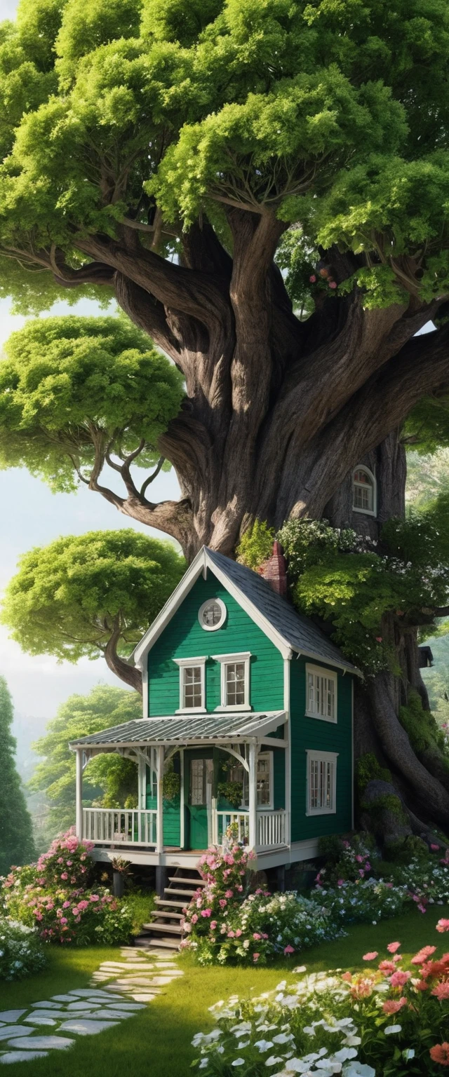 Tiny green house with tree in a magical garden