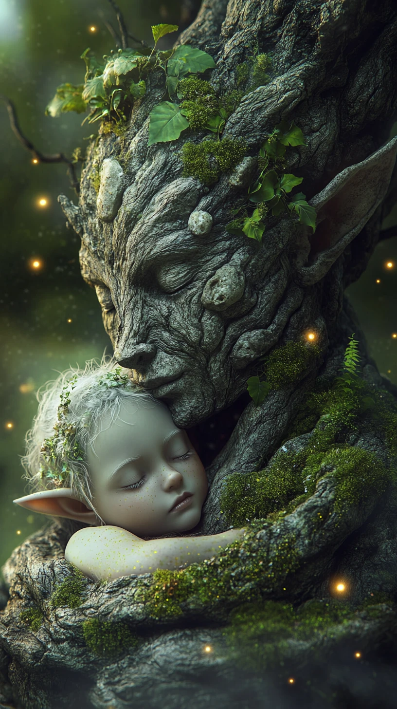Ancien gardien-arbre berçant un enfant elfe endormi
