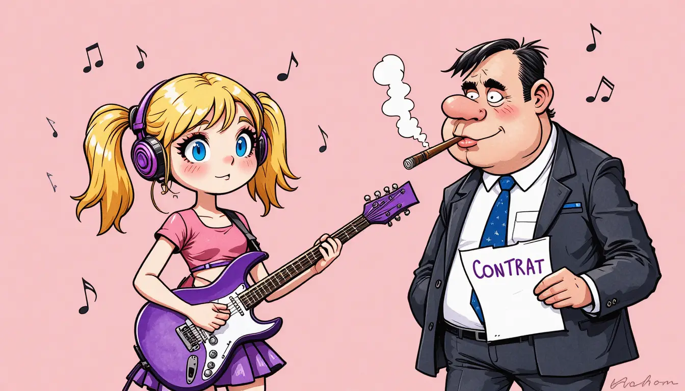 Cartoon girl guitarist with businessman holding contract