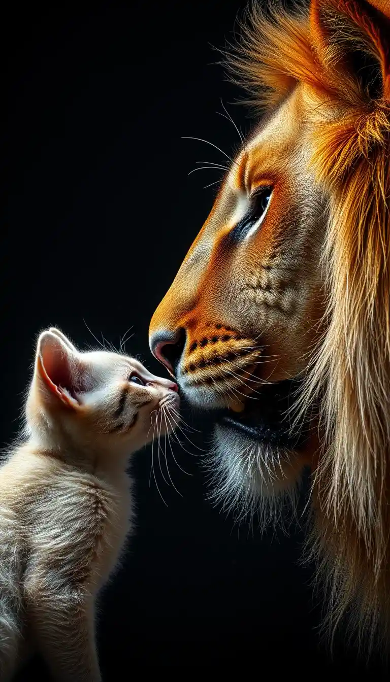 Angry white kitten confronting roaring lion in dark studio