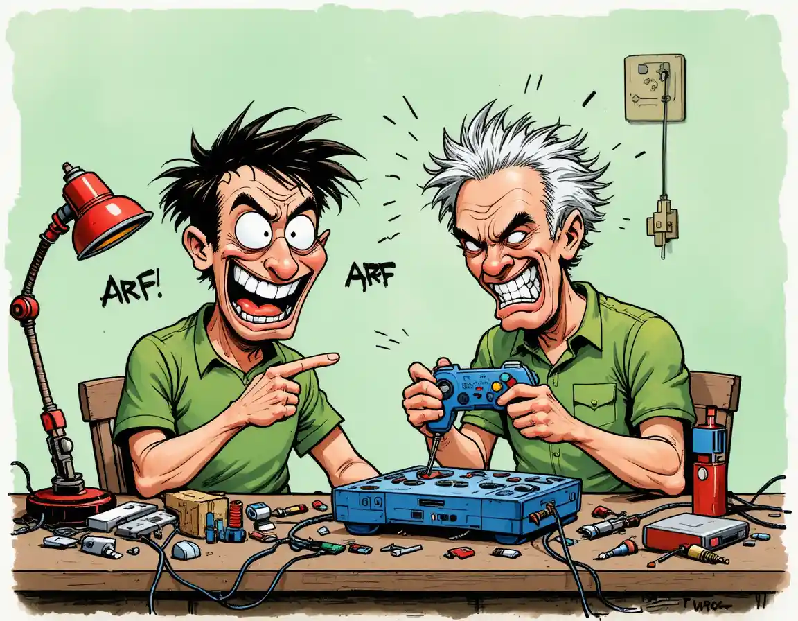 Uomini dei cartoni animati che riparano un controller di gioco a un banco da lavoro disordinato
