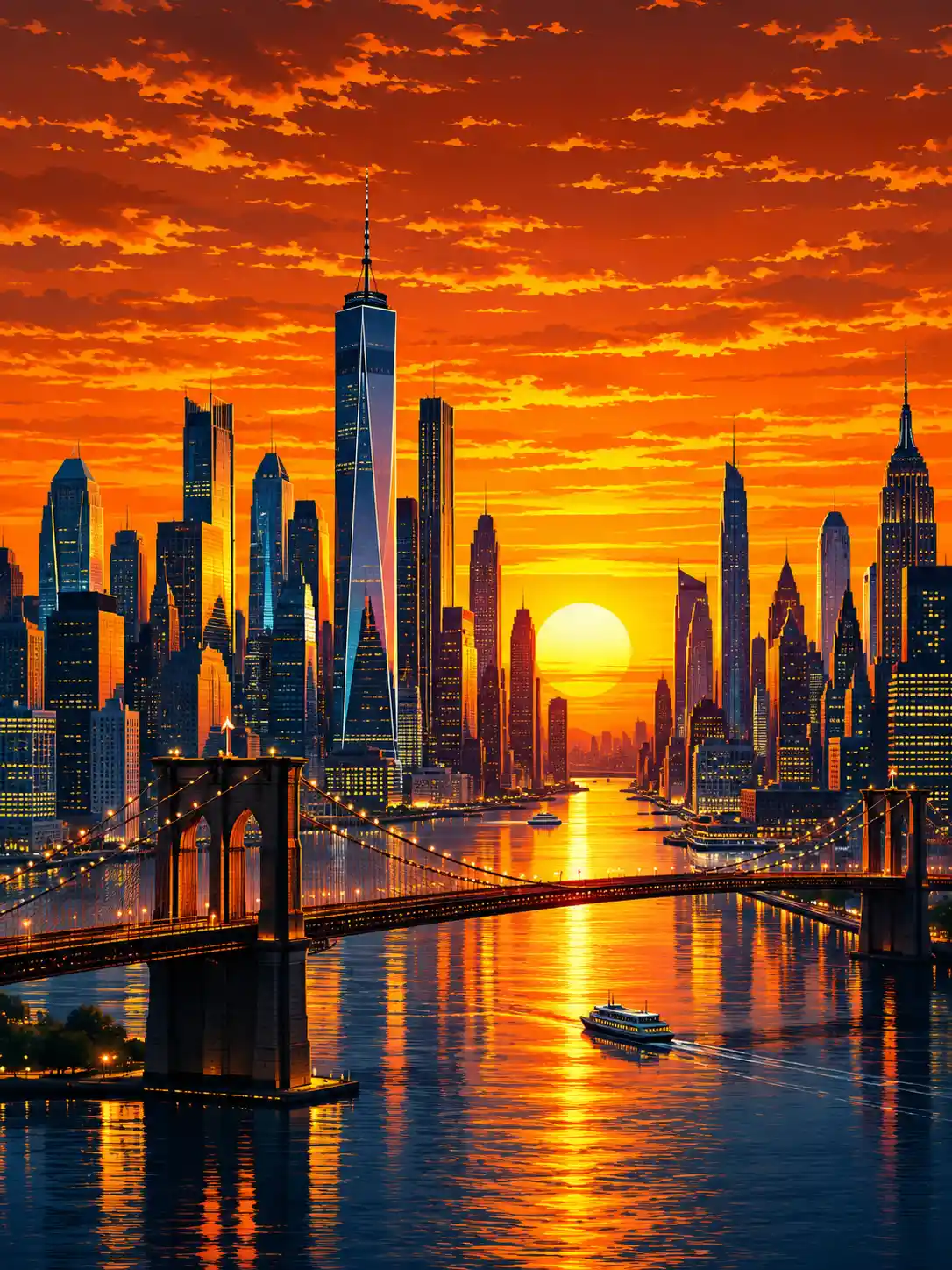Horizonte pop art de una Nueva York futurista al atardecer
