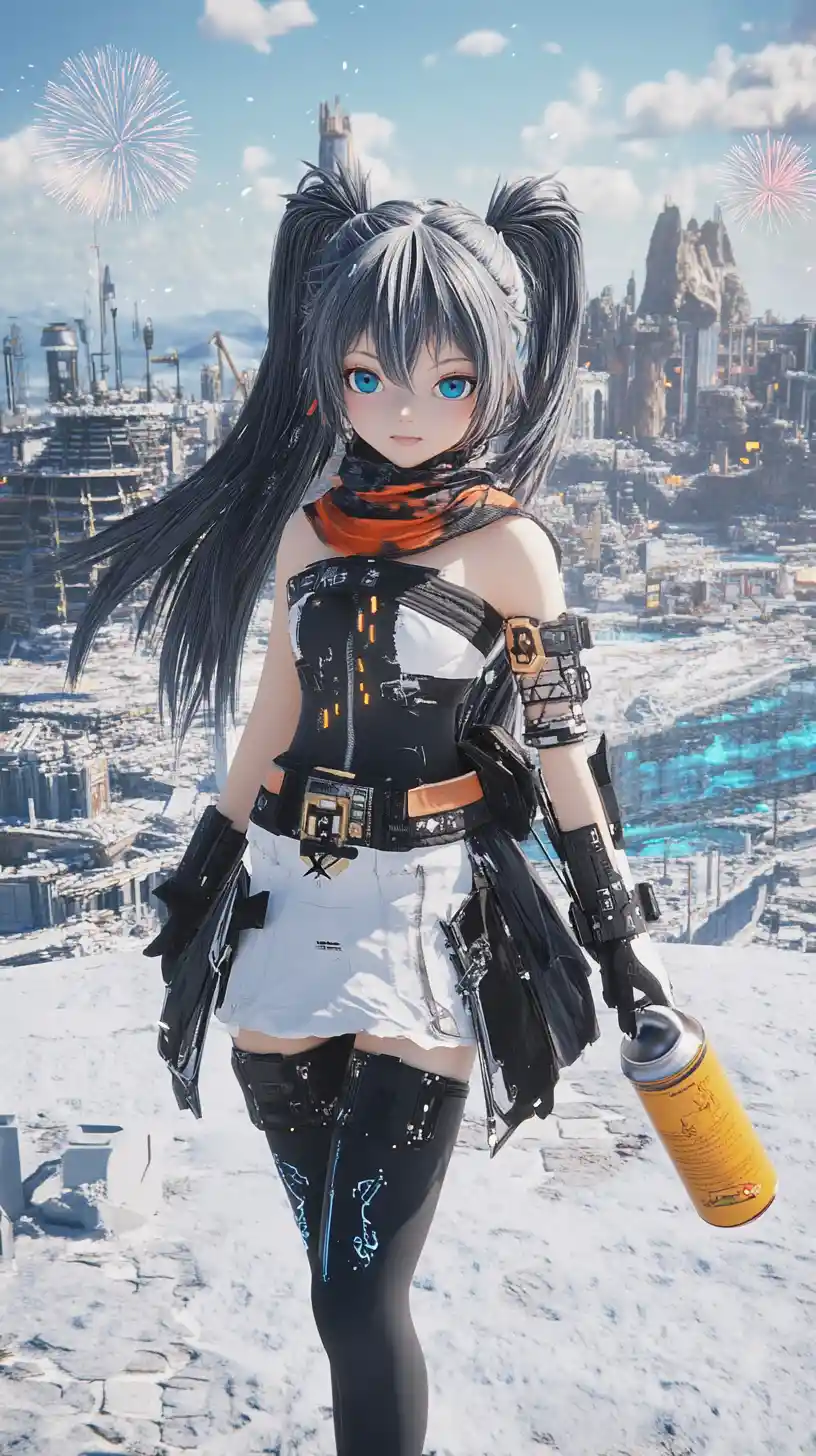 Anime girl in futuristic tunic with star themed accessories