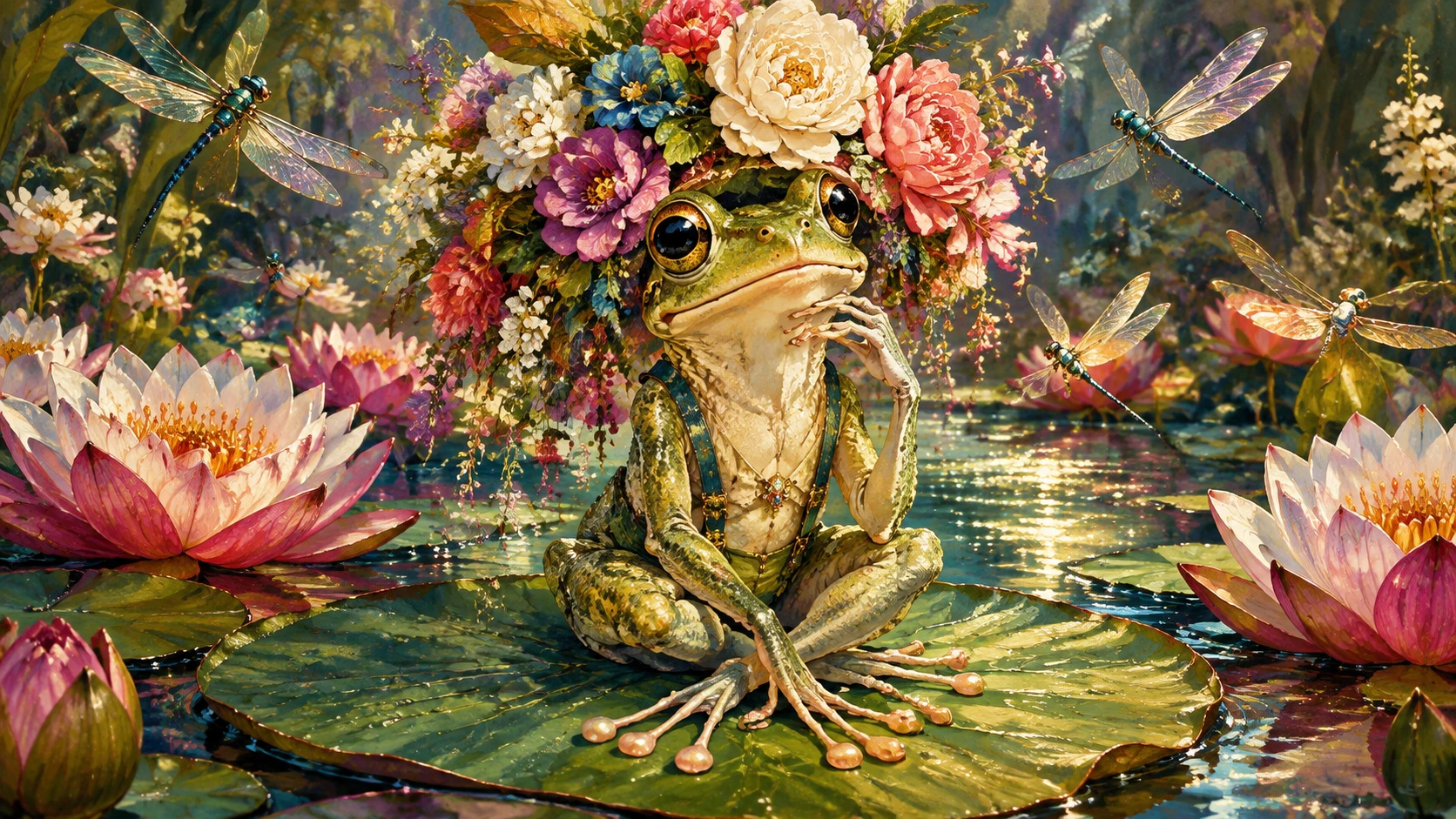 Eleganter Frosch auf Seerosenblatt mit übergroßer Blumenkronen