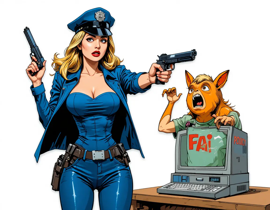 Comic-Polizistin zielt mit Waffe auf verängstigten orangefarbenen Bären