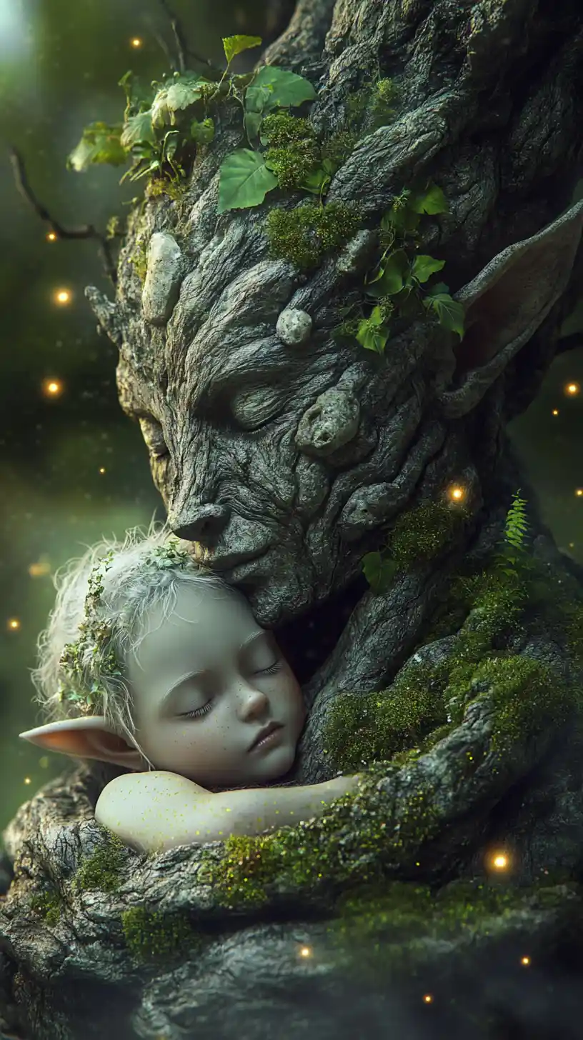 Ancien gardien-arbre berçant un enfant elfe endormi