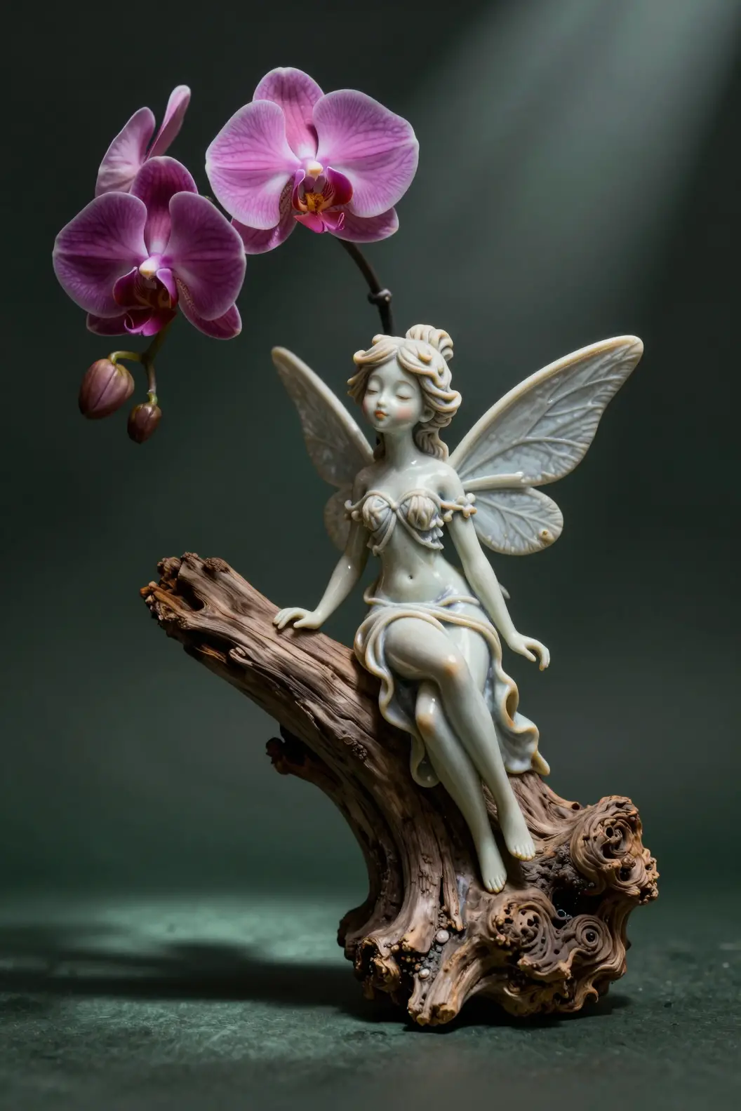 Porcelain fairy sculpture with orchids in dramatic light