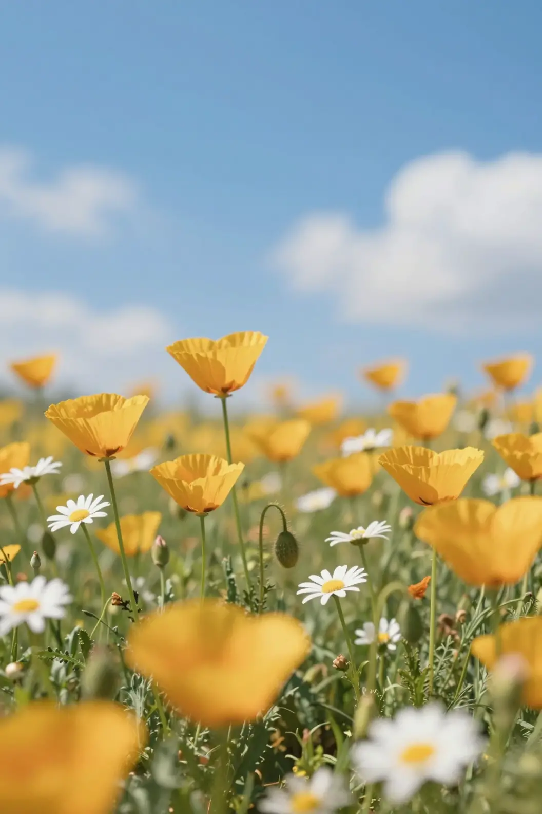 Coquelicots dorés et marguerites dans un champ sous un ciel bleu ensoleillé