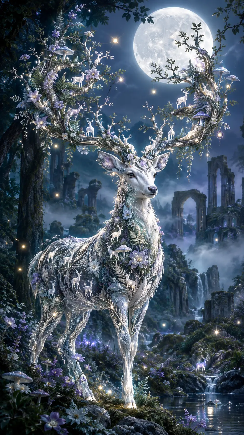 Ethereal White Stag In A Moonlit Enchanted Forest