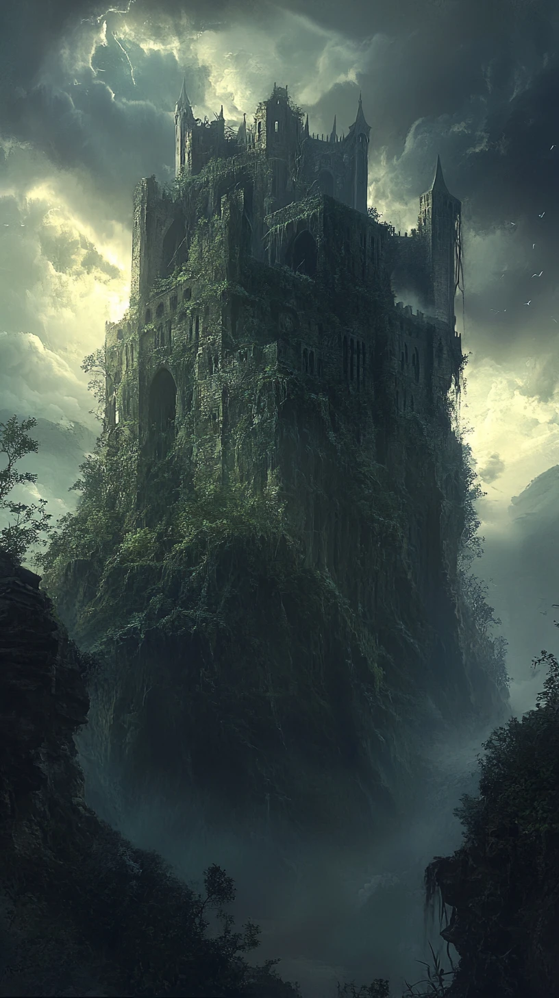 Ancient Ruined Castle Silhouetted Against a Stormy Sky