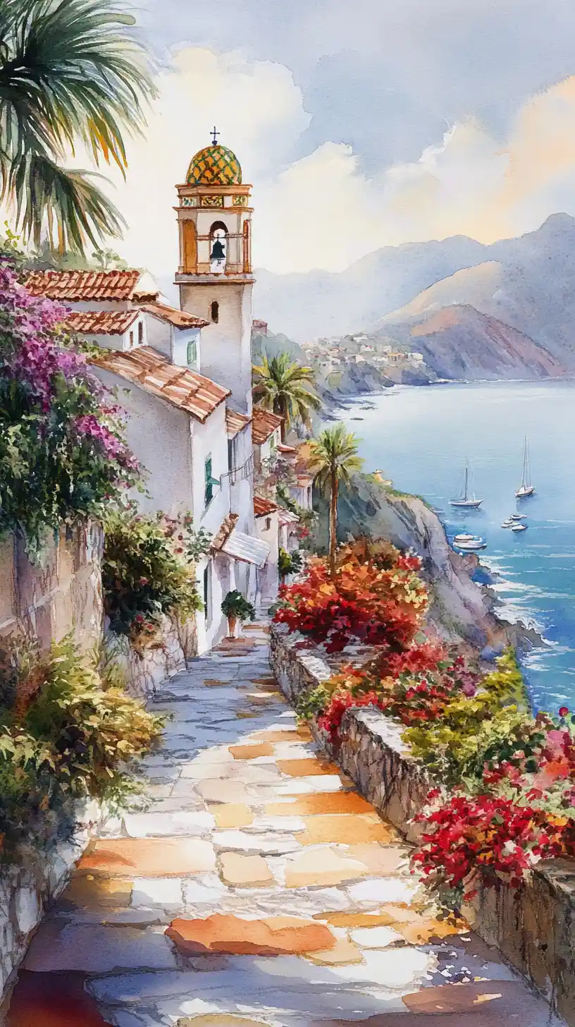 Sunlit Mediterranean village street overlooking calm blue sea