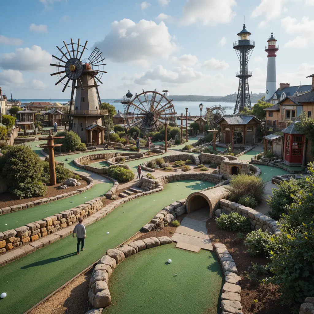 Crazy golf championship course with whimsical seaside obstacles