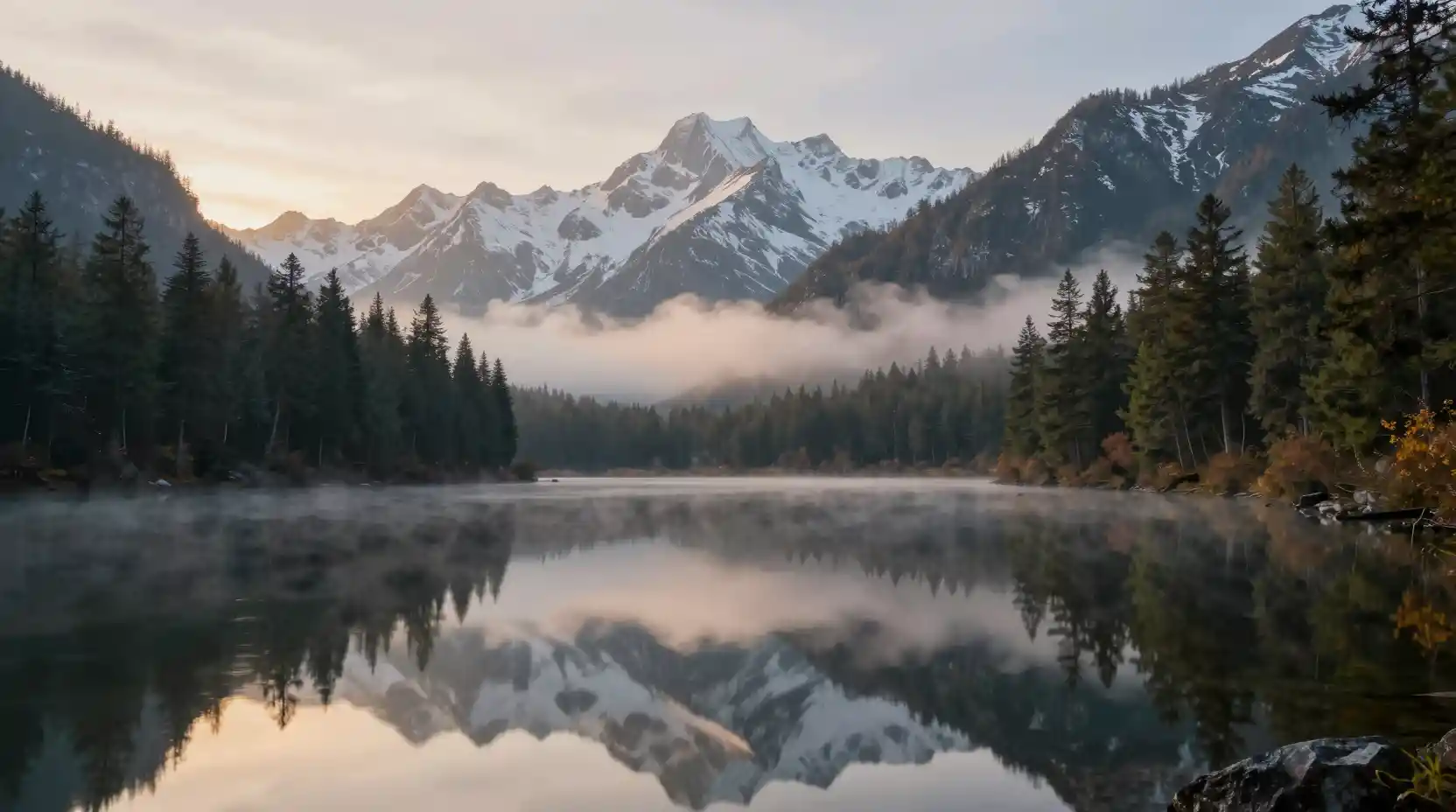Stiller Bergsee bei Sonnenaufgang mit Nebel und Spiegelungen