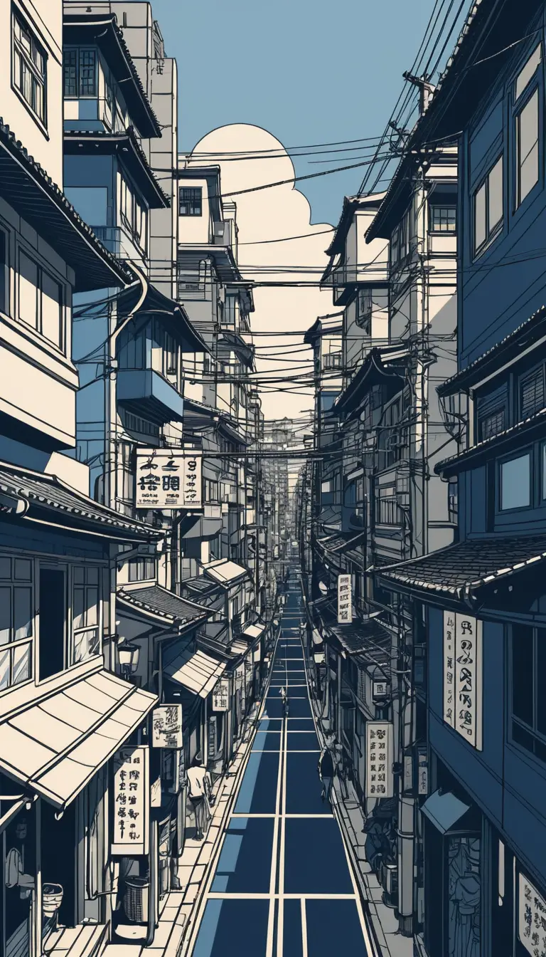 Stylized Japanese city street in dense vertical urban view