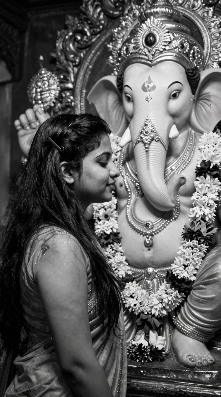 Ritratto in bianco e nero di donna che prega Ganesha