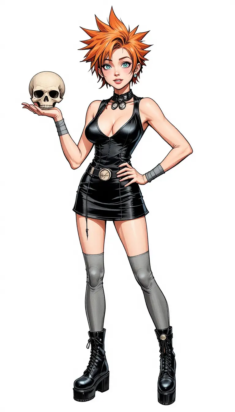 Donna gotica in stile fumetto che tiene un teschio in vista a figura intera