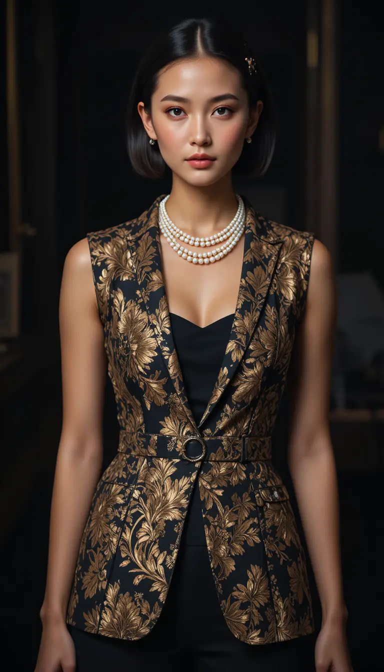 Elegant woman in black and gold floral jacket portrait