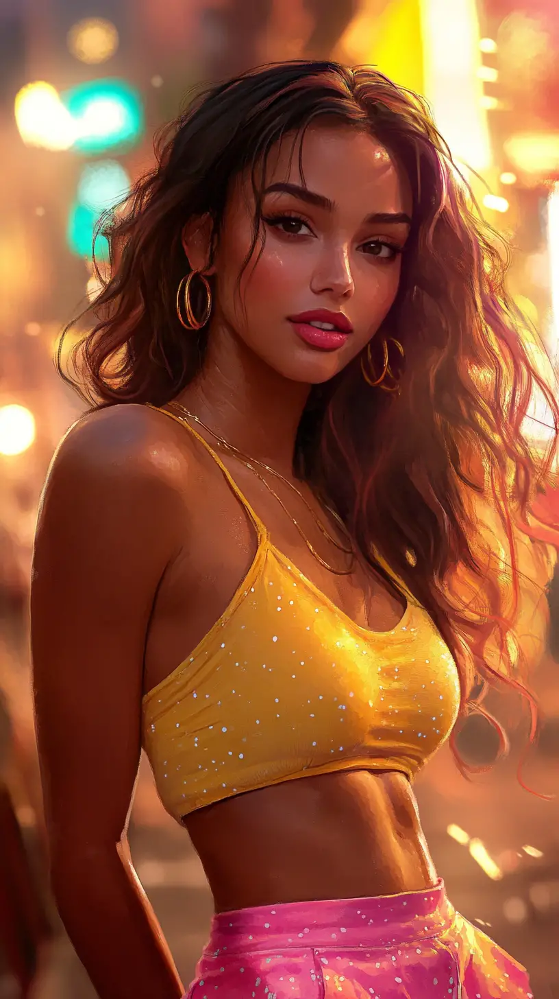 Confident young woman in colorful urban watercolor portrait