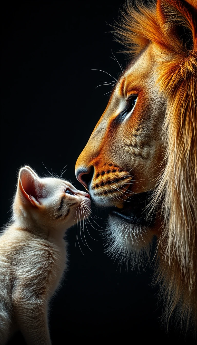 Angry white kitten confronting roaring lion in dark studio