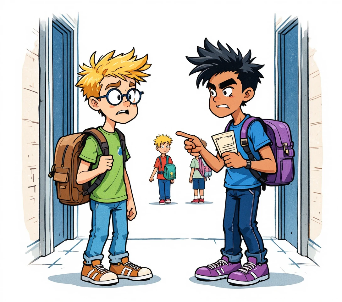 Cartoon school boys talking in a bright hallway