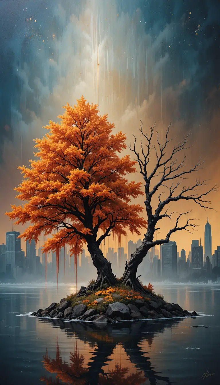 Surreale Herbst- und Winterbäume vor einer fernen Stadt