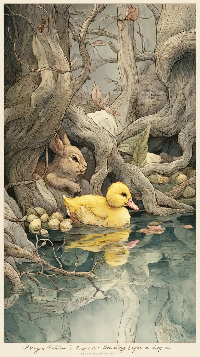 Étang de forêt fantastique avec canard jaune et lapin brun