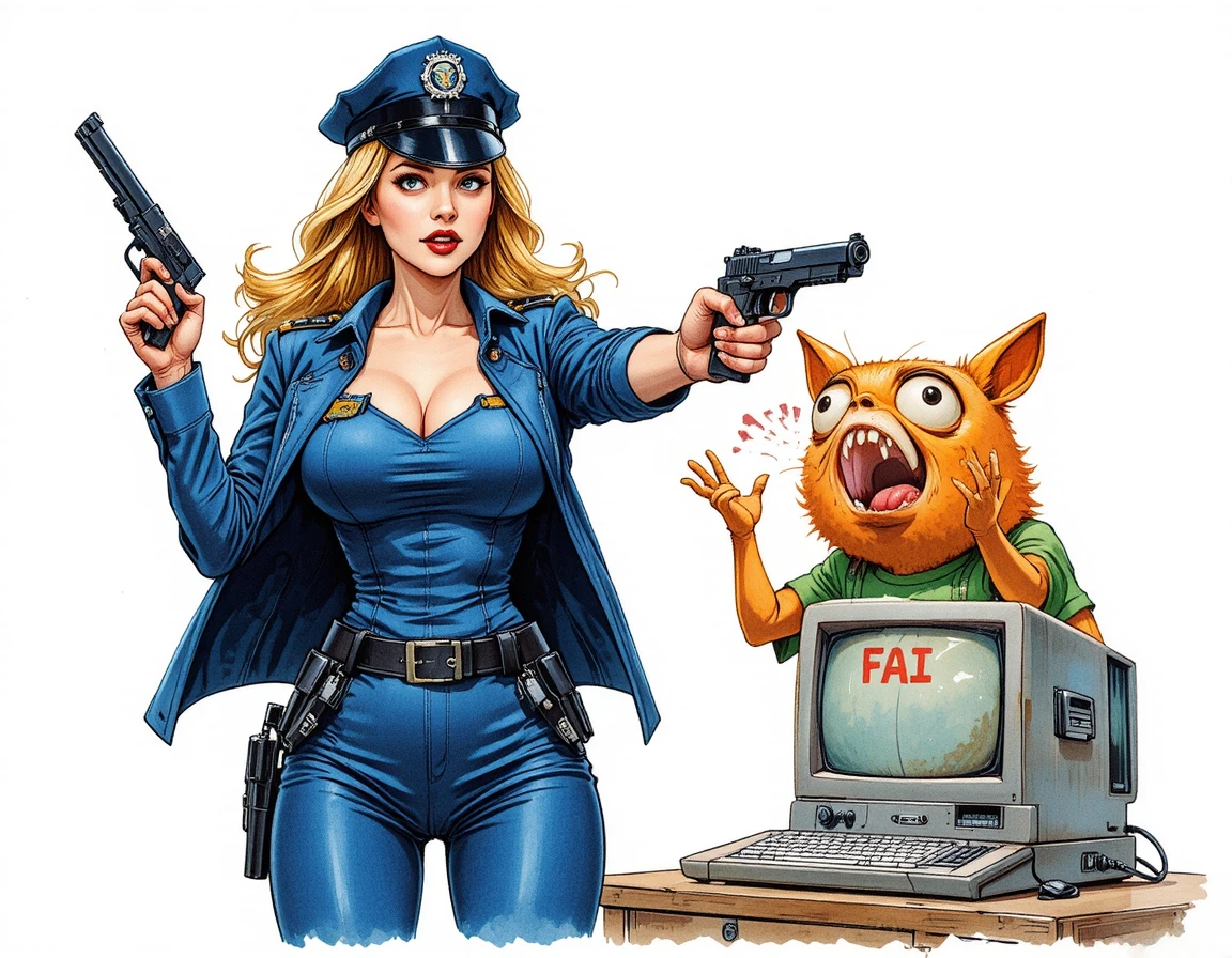 Policía caricaturesca apuntando con una pistola a un oso dibujado asustado