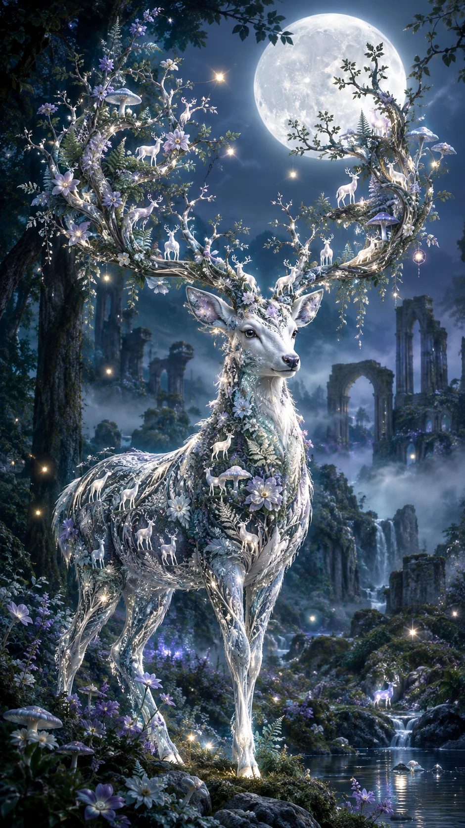 Ethereal White Stag In A Moonlit Enchanted Forest