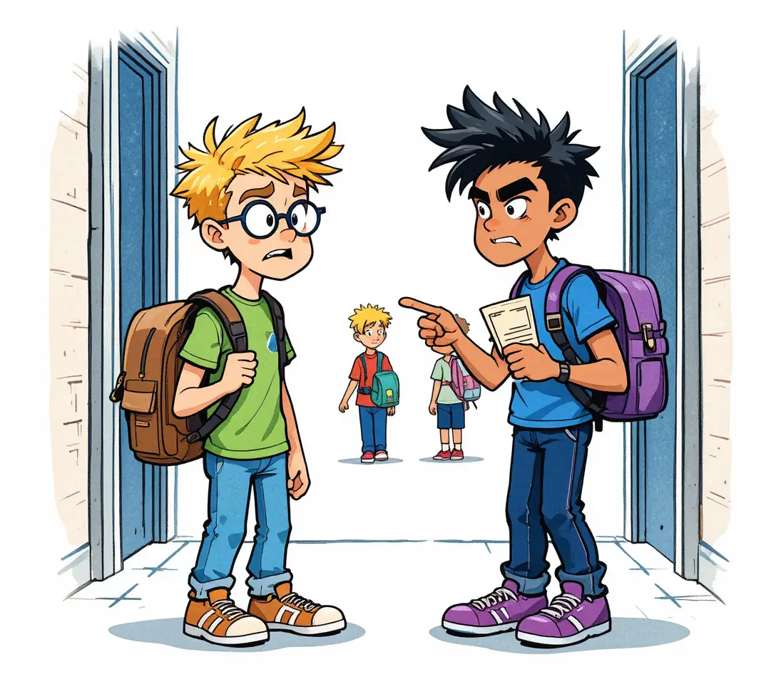Ragazzi delle scuole in stile cartoon che parlano in un corridoio luminoso