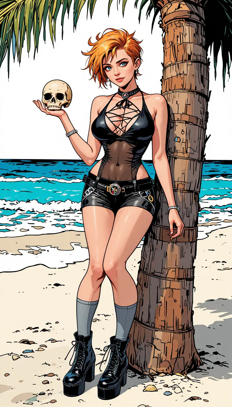 Ragazza gotica punk che regge un teschio in stile fumetto