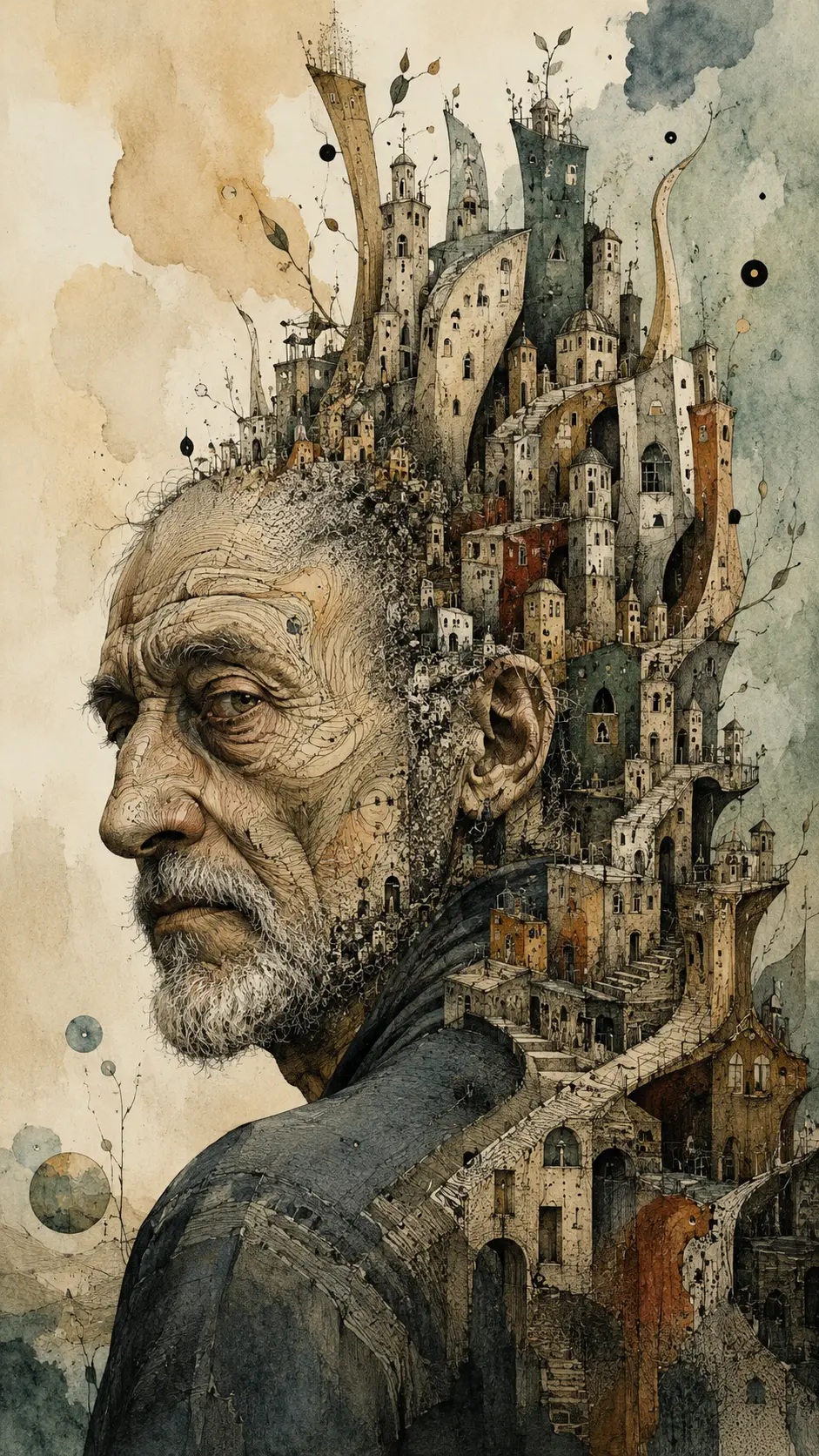 Surreal portrait of an older man with a growing cityscape