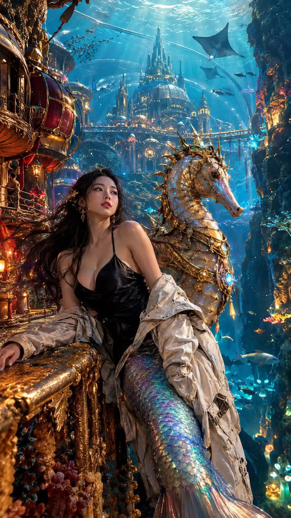 Asian mermaid resting on a coral balcony in underwater city