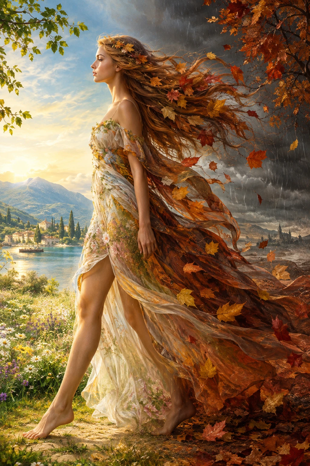 Femme incarnant l’automne marchant dans un paysage en transformation
