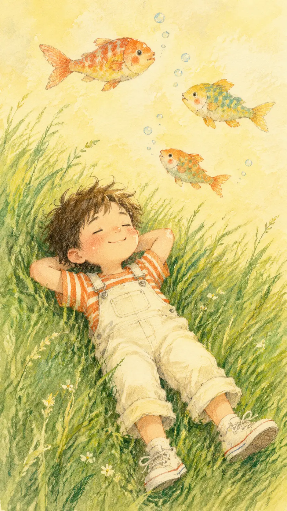 Bambino che riposa nell’erba con pesci ad acquerello fluttuanti