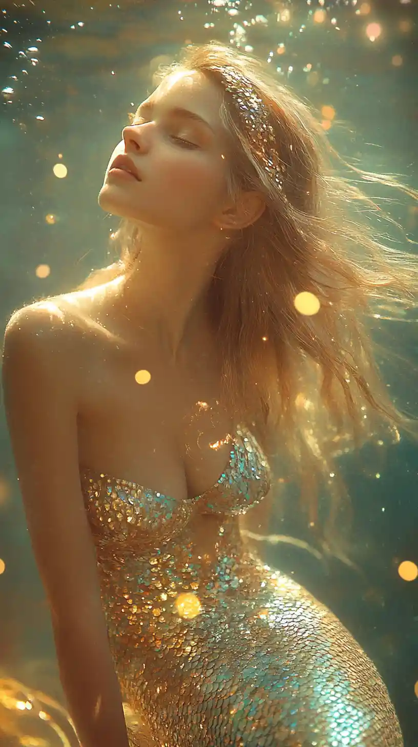 Golden haired mermaid girl in a glowing underwater scene