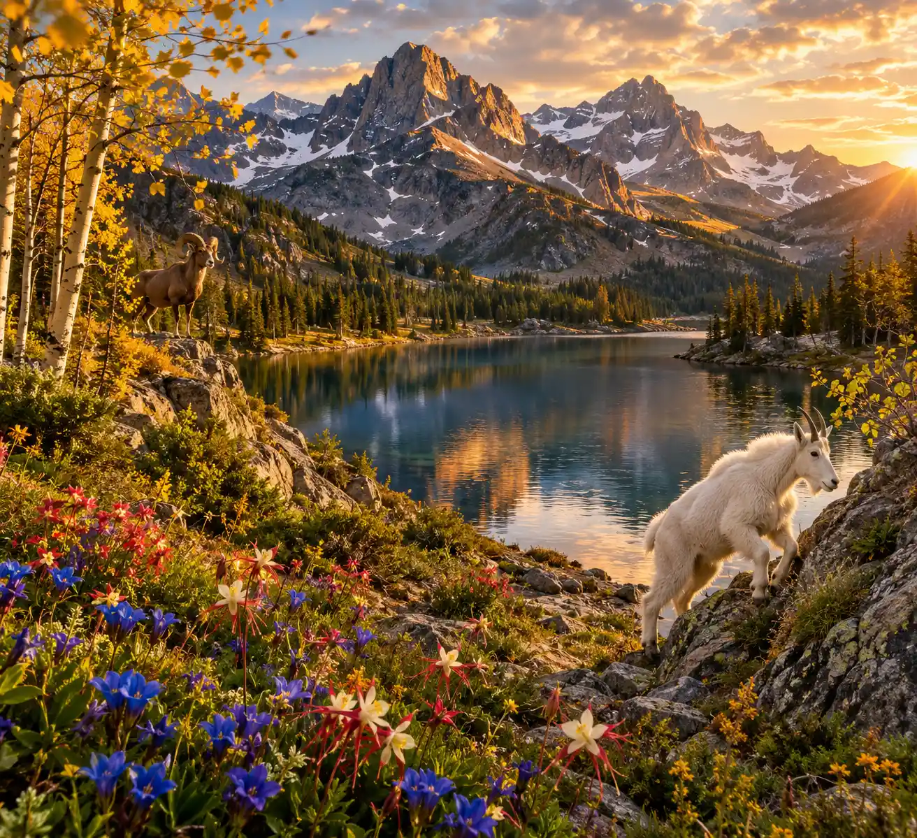 Serene alpine lake reflecting wildflowers in the Rockies