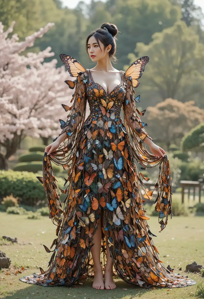 Mujer con vestido de alas de mariposa en un tranquilo jardín japonés