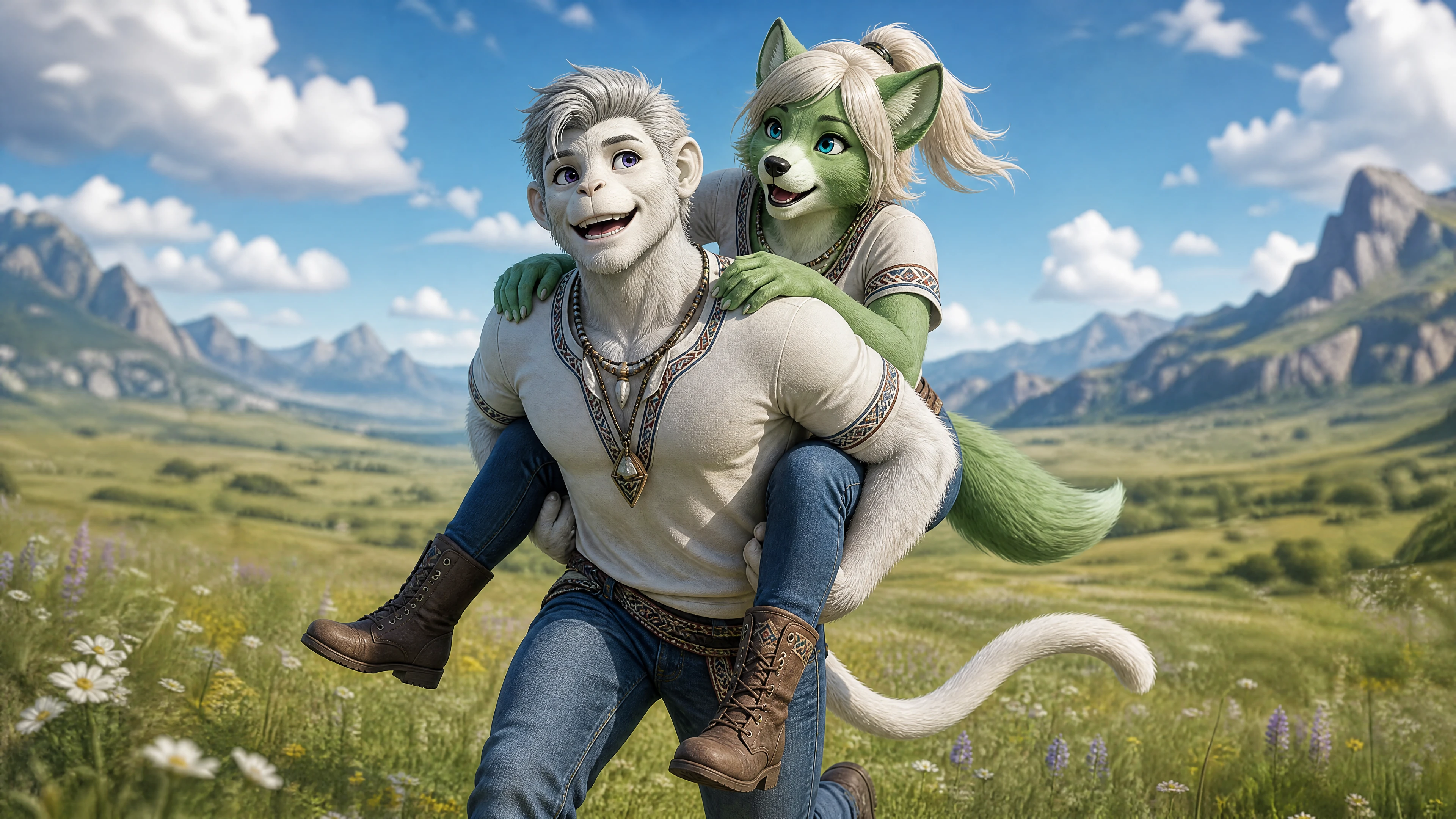 Anthro monkey carrying wolf partner across open grassland
