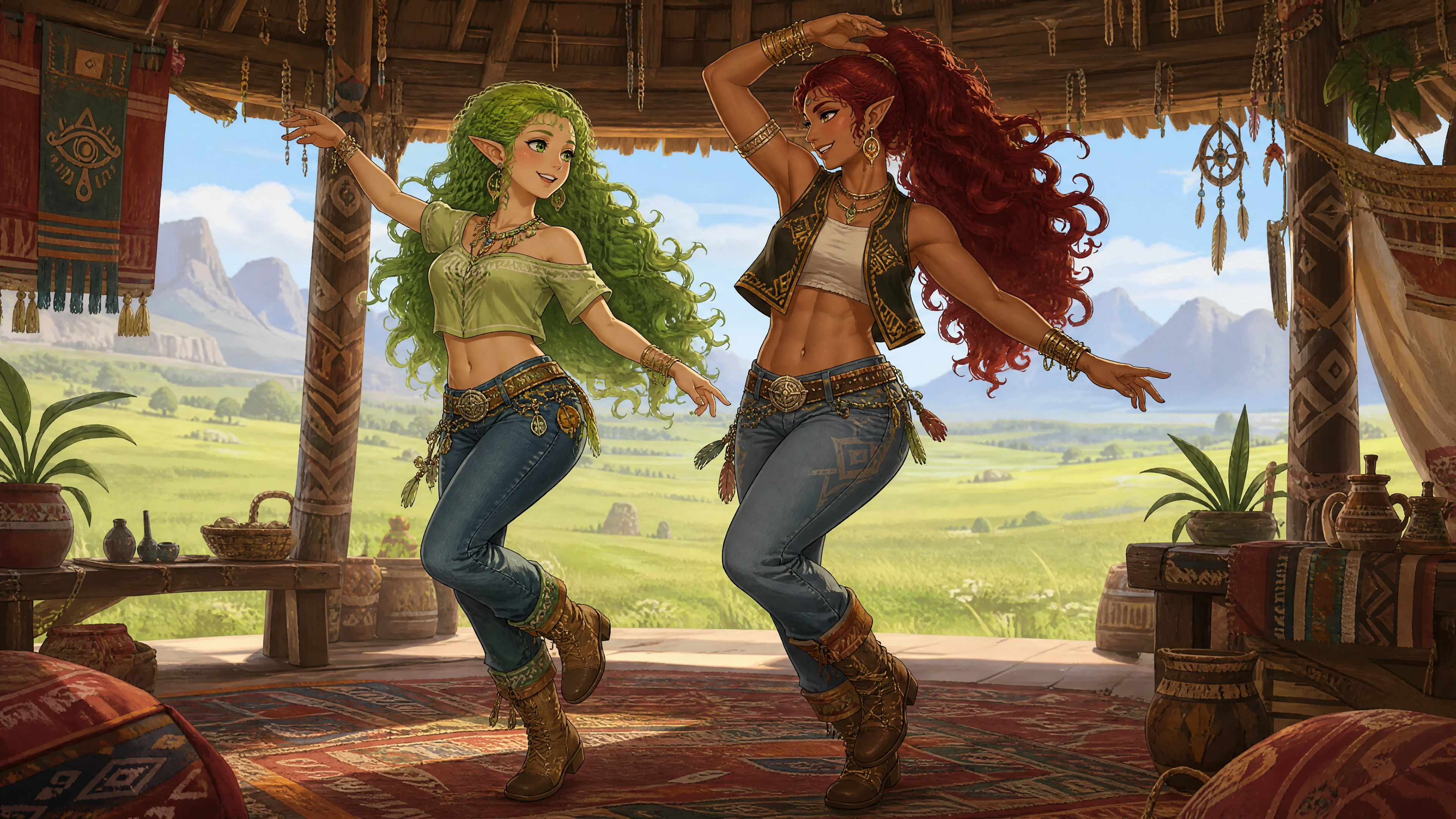 Two fantasy wives dancing in a tribal hut