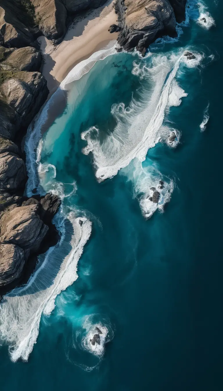 Vue aérienne d’un littoral escarpé et de eaux turquoise peu profondes