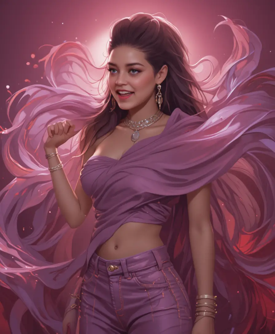Confident woman posing in mauve outfit on vivid red background