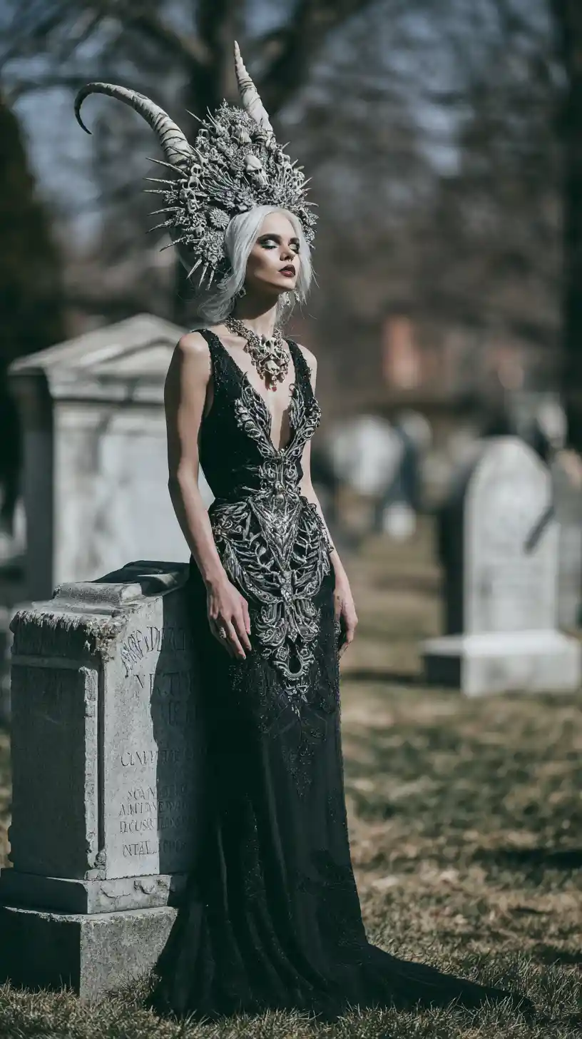 Modeporträt einer Knochenhexe auf einem mondbeschienenen gotischen Friedhof