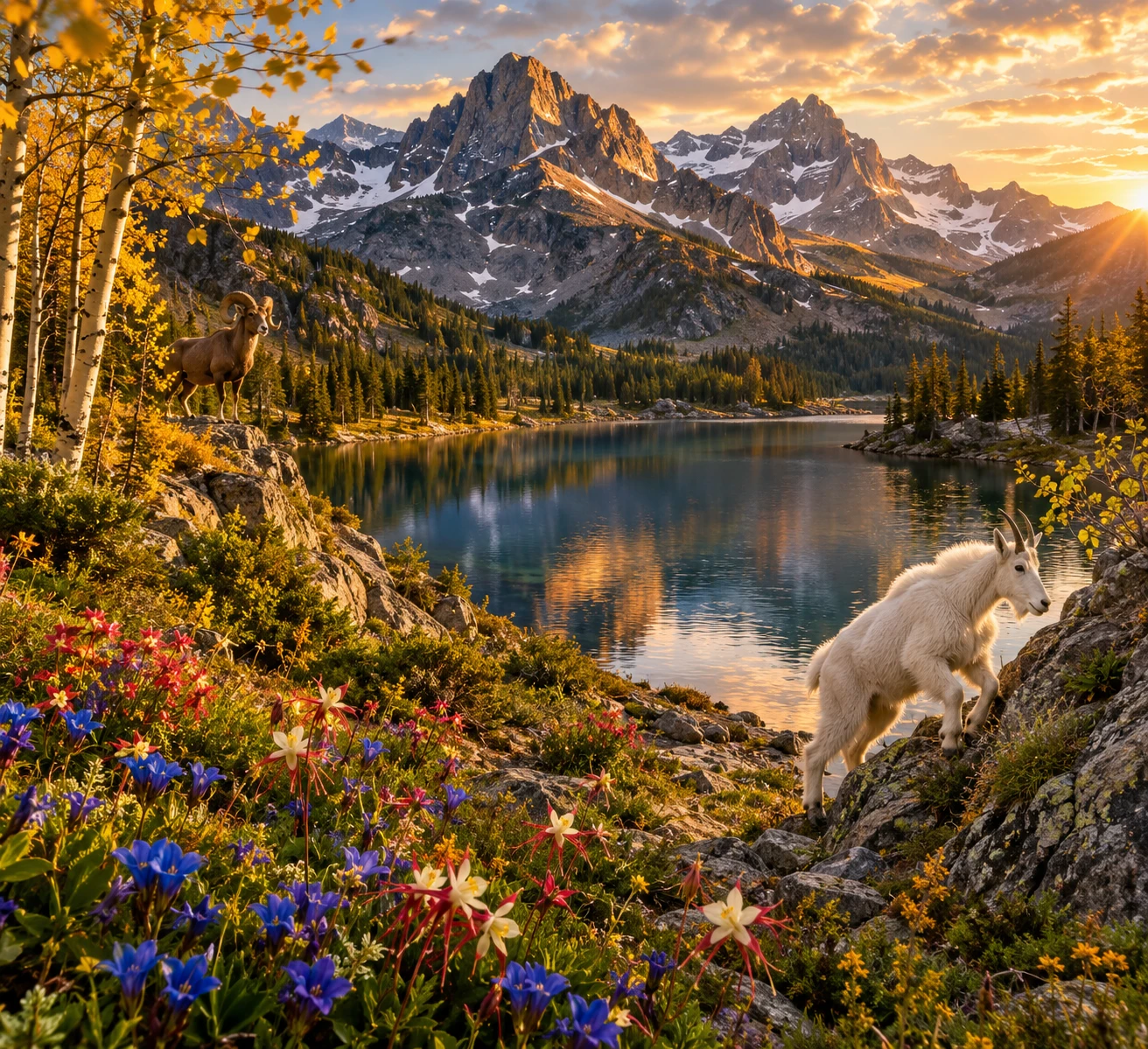Serene alpine lake reflecting wildflowers in the Rockies