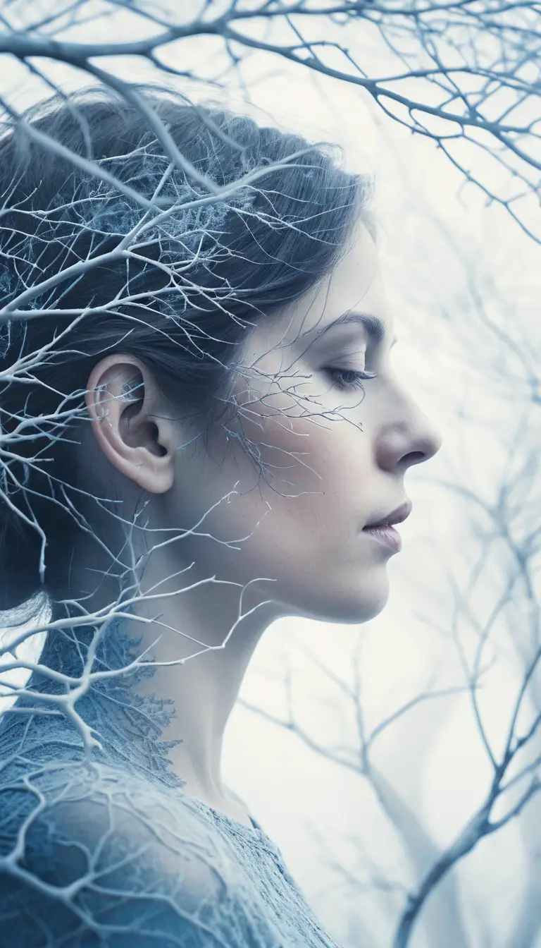 Double exposure profile of woman with winter tree branches