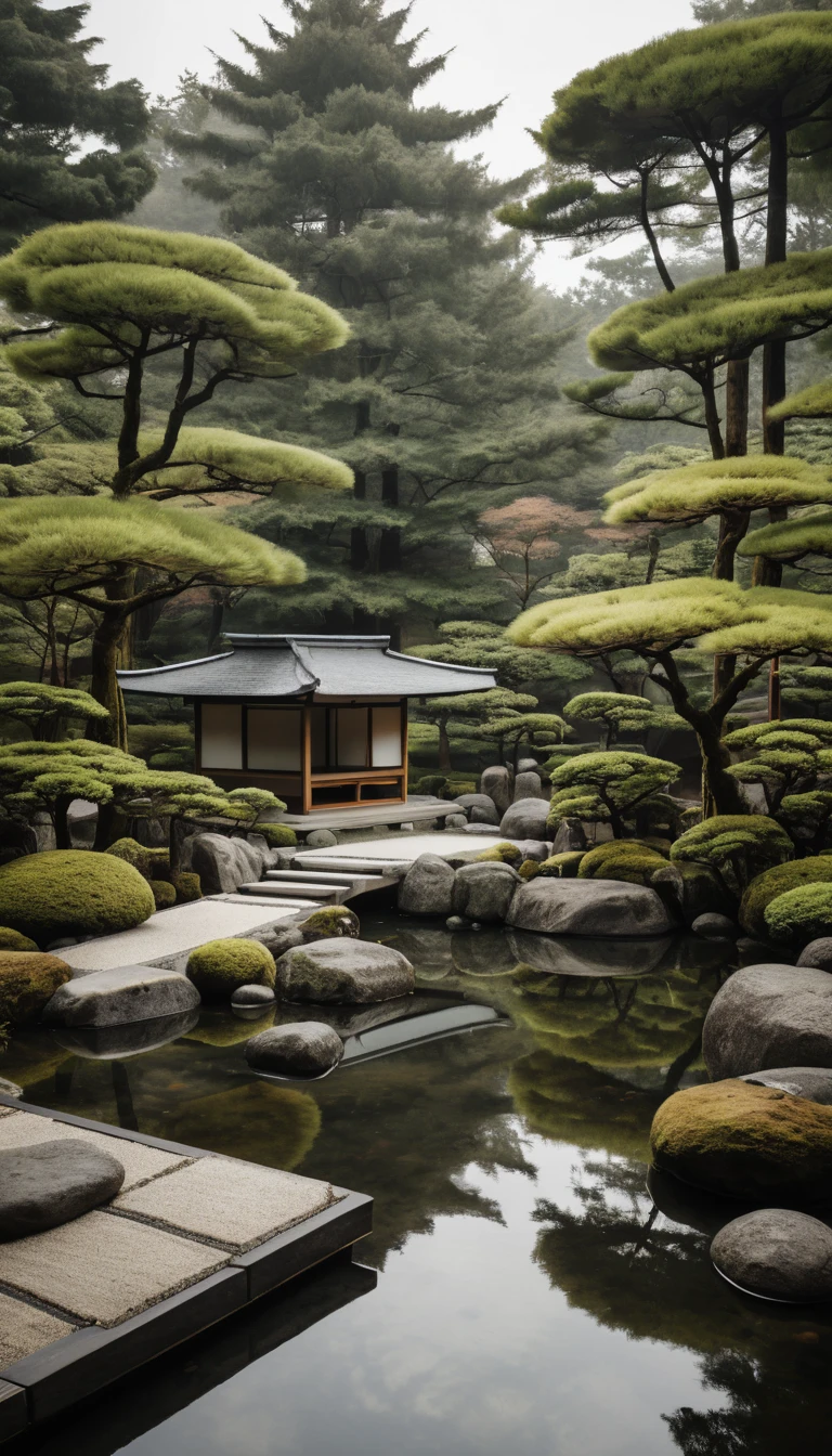 Modern pavilion overlooking tranquil Japanese zen koi pond