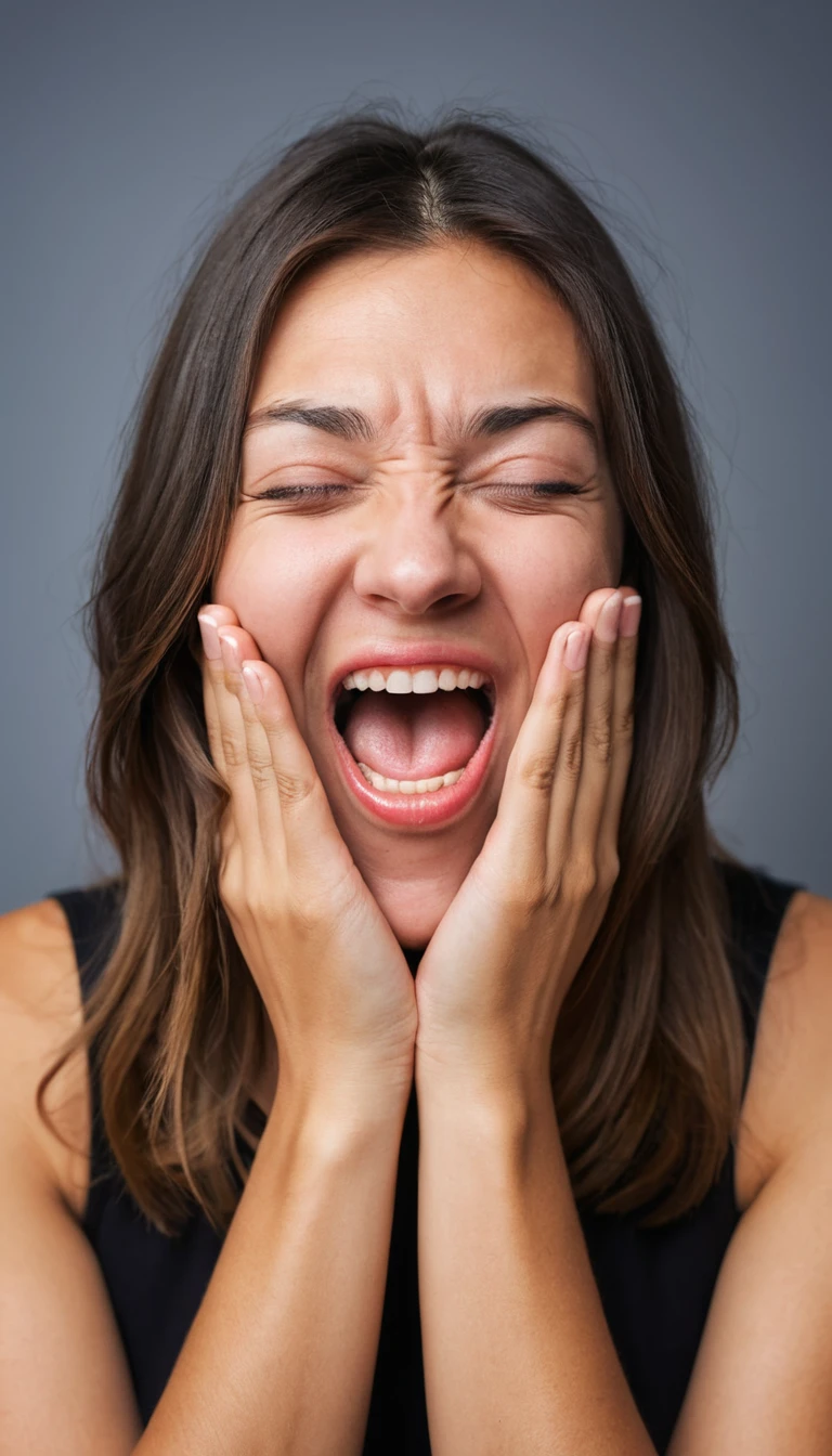 Laughing girl portrait with fingers covering her smiling mouth