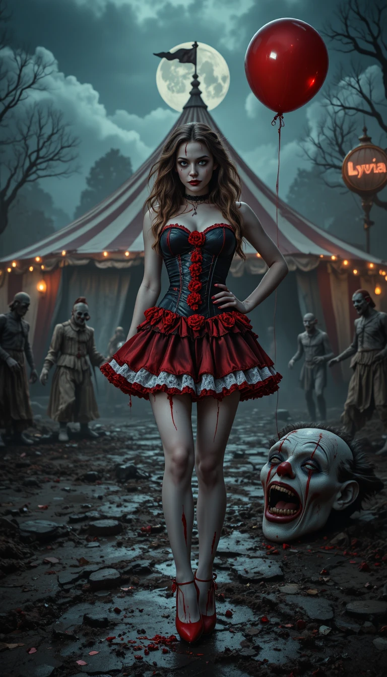Mujer payaso de terror sexy en un circo nocturno abandonado
