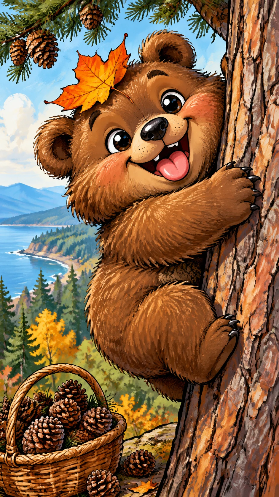 Oso de dibujos animados adorable abrazando un cedro con una sonrisa