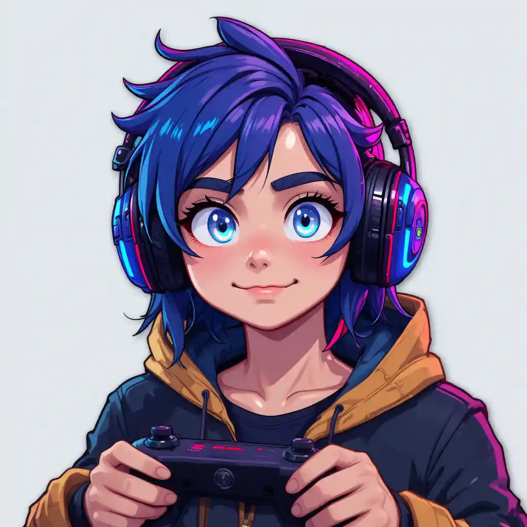 Farbenfroher Gamer-Avatar mit Kopfhörern und Joystick